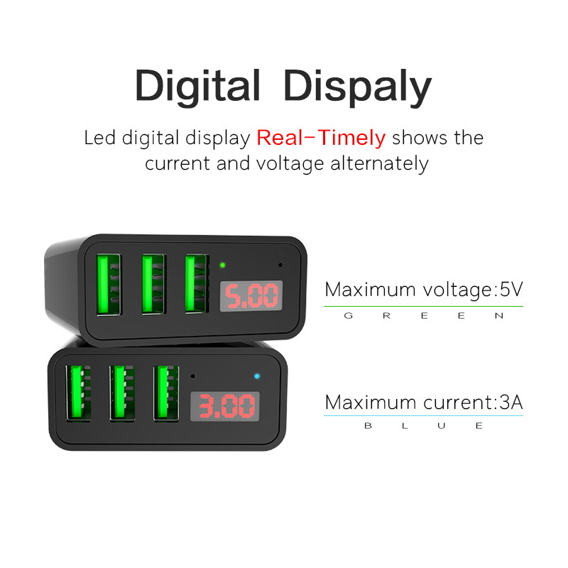 Mobile Phone Charger Adapter With LED Disaply (3 USB Slots)