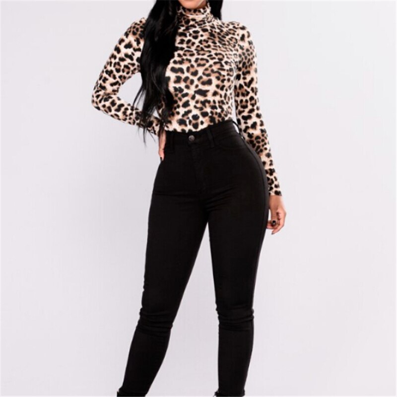 Leopard Print Blouse Women Turtleneck Blouse