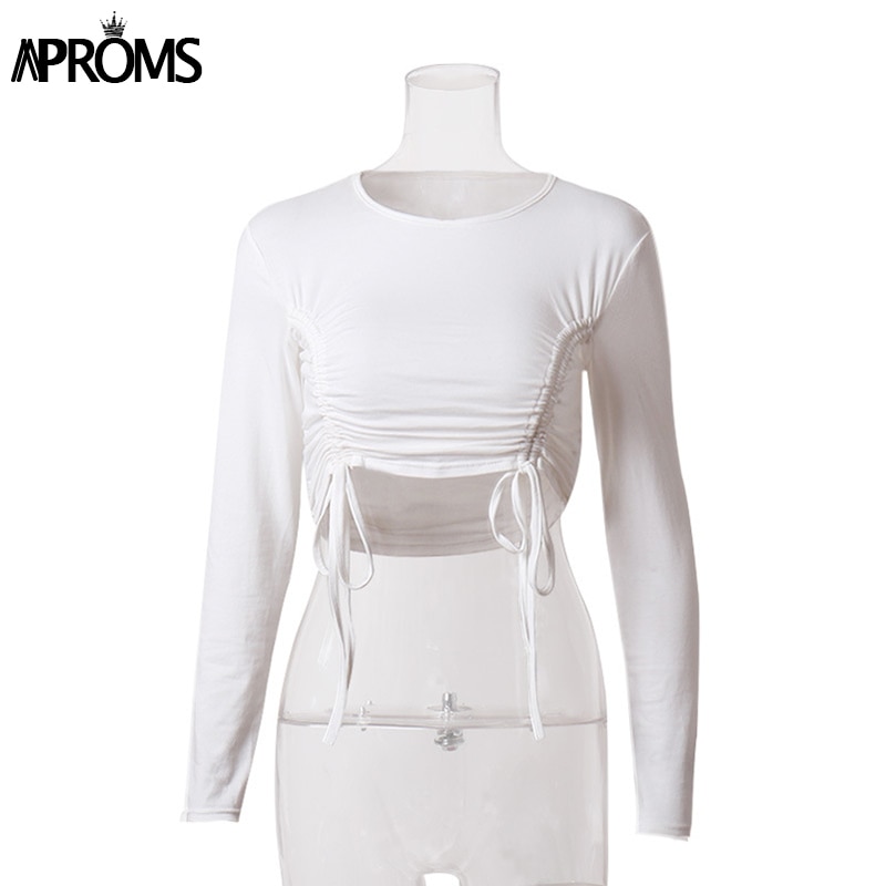 Drawstring Crop Top White Long Sleeve Top