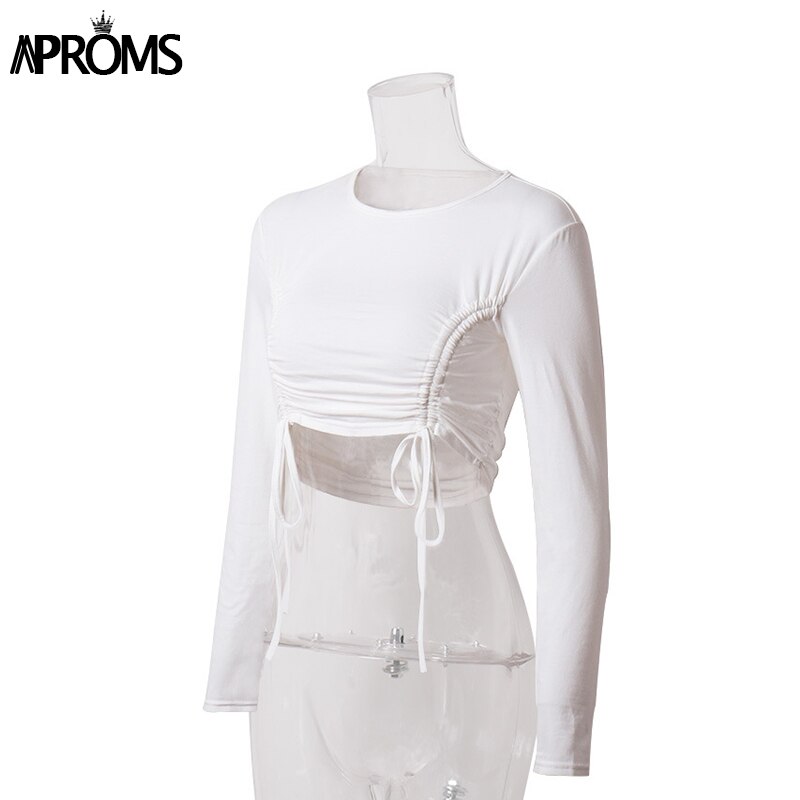 Drawstring Crop Top White Long Sleeve Top