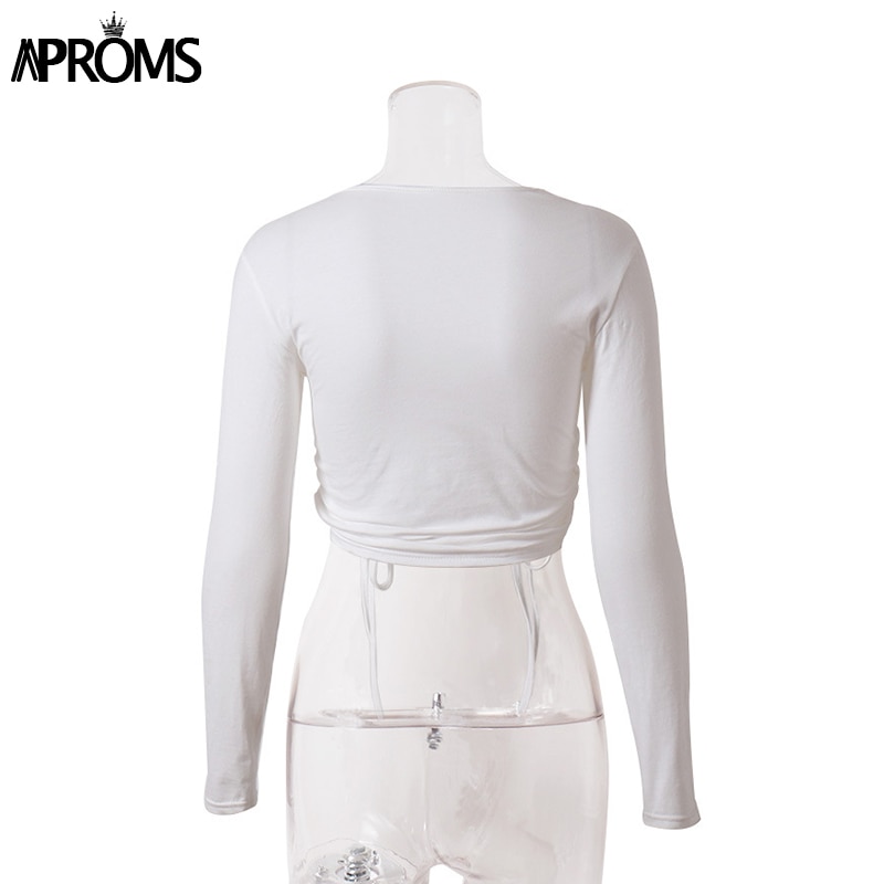 Drawstring Crop Top White Long Sleeve Top