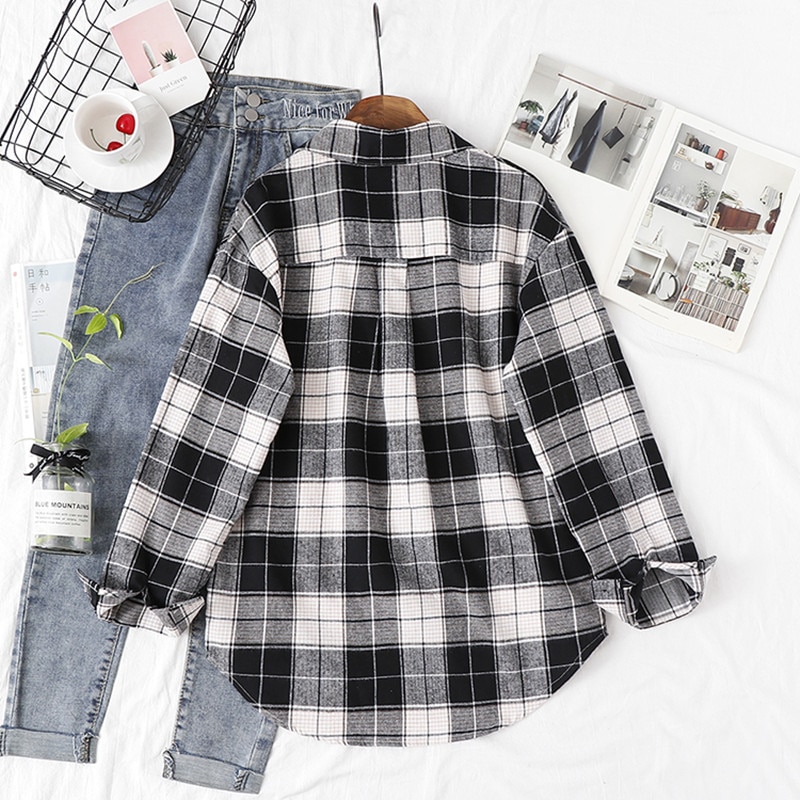 Womens Plaid Shirt Printed Long Sleeve Top