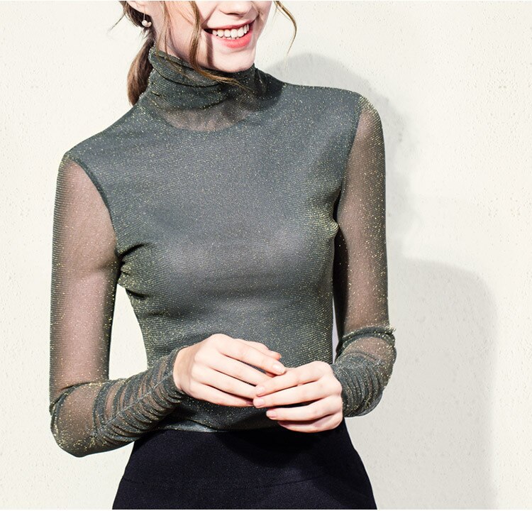 Ladies Turtle Neck Top with Transparent Long Sleeve