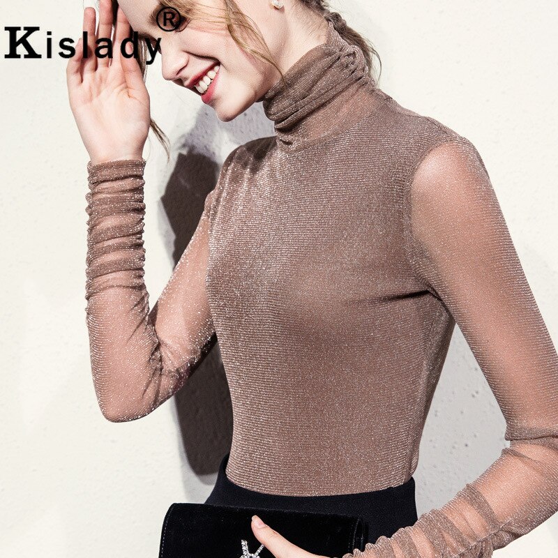 Ladies Turtle Neck Top with Transparent Long Sleeve