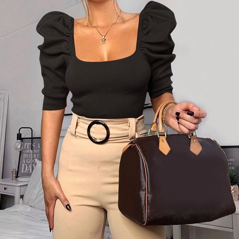 Puffed Sleeve Blouse Square Neck Top