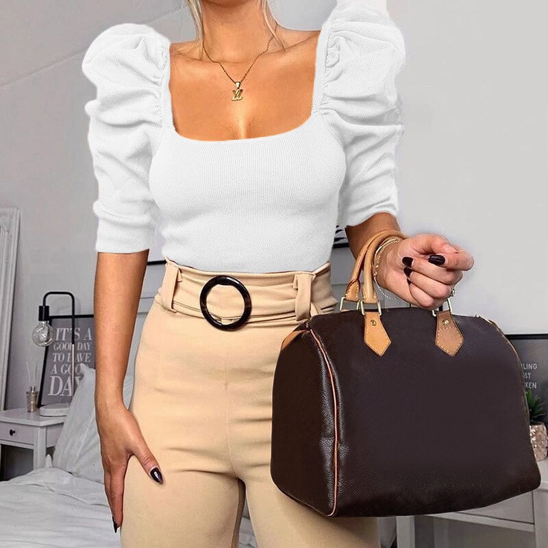 Puffed Sleeve Blouse Square Neck Top