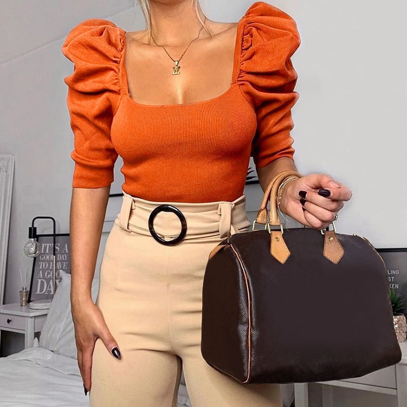 Puffed Sleeve Blouse Square Neck Top