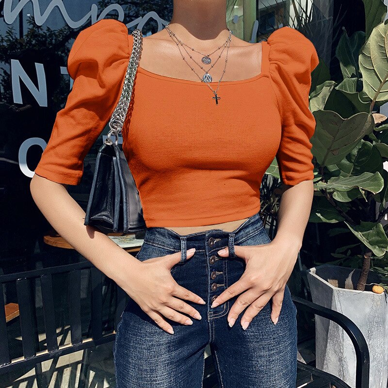 Puffed Sleeve Blouse Square Neck Top