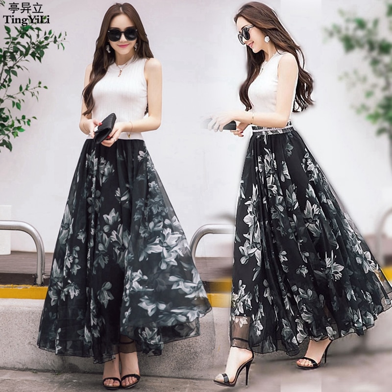 Long Floral Skirt Elegant Chiffon Skirt