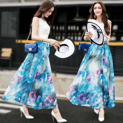 Long Floral Skirt Elegant Chiffon Skirt