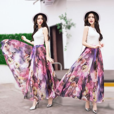 Long Floral Skirt Elegant Chiffon Skirt