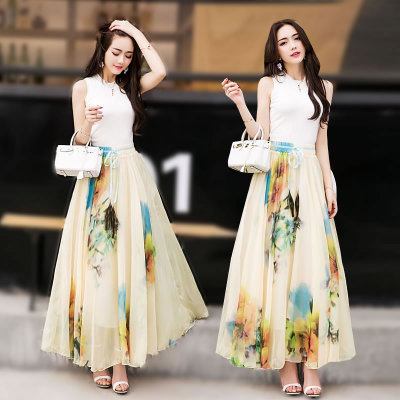 Long Floral Skirt Elegant Chiffon Skirt