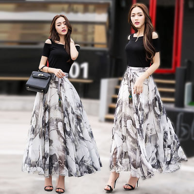 Long Floral Skirt Elegant Chiffon Skirt