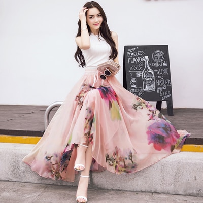 Long Floral Skirt Elegant Chiffon Skirt