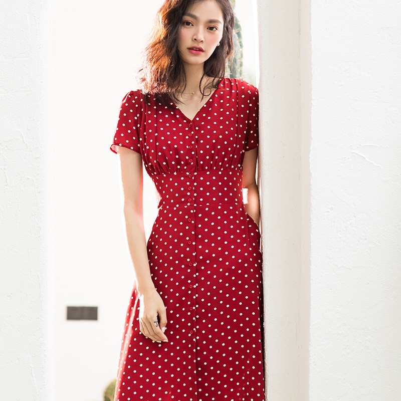 Red Polka Dot Dress Elegant Wear