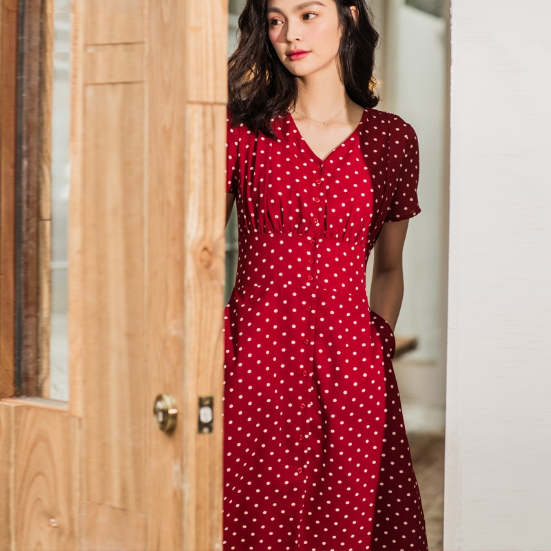 Red Polka Dot Dress Elegant Wear