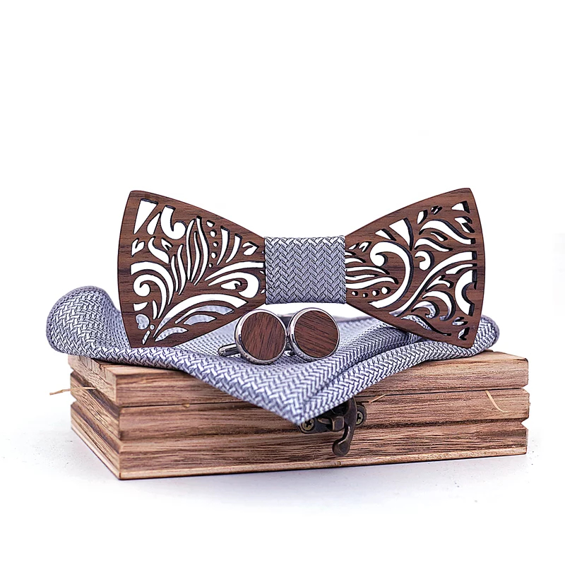 Wooden Bow Tie Mens Hanky Set