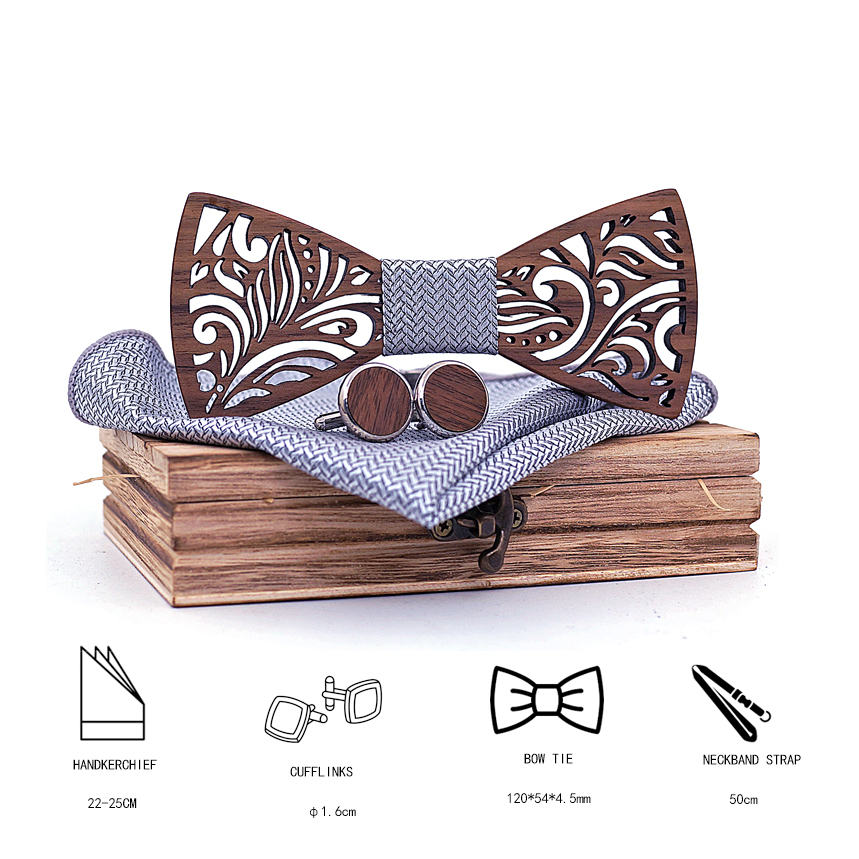 Wooden Bow Tie Mens Hanky Set