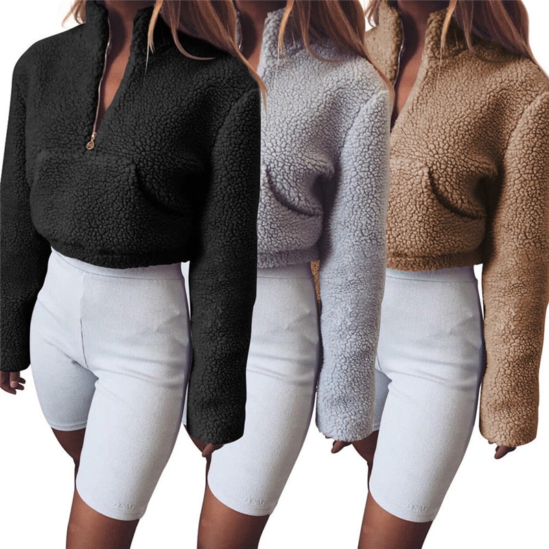 Crop Top Hoodie Fluffy Pullover