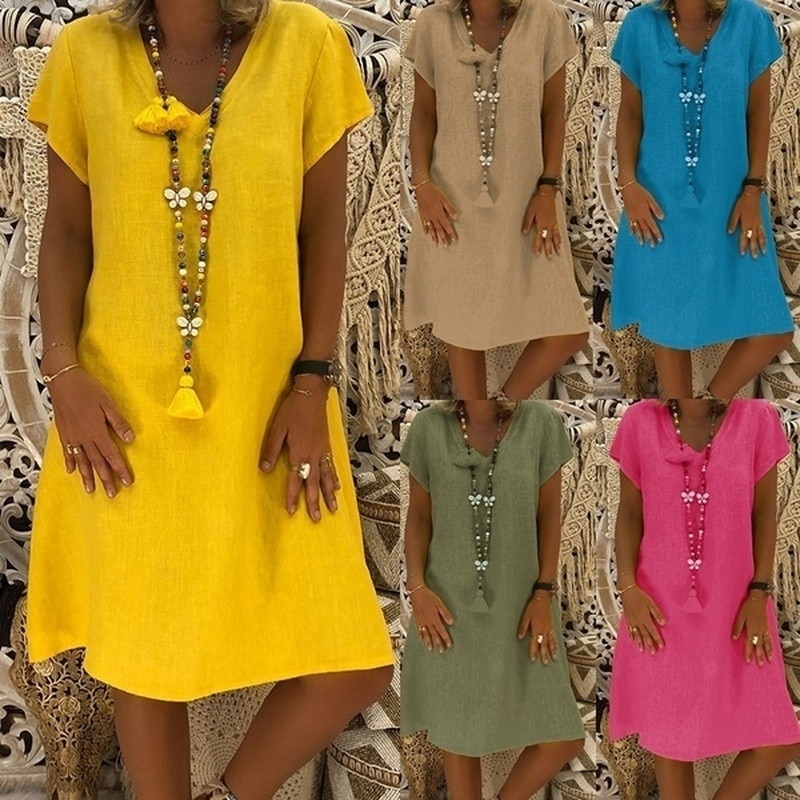 V Neck Dress Linen Summer Wear