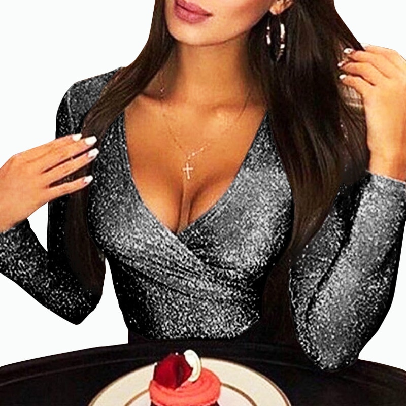 Glitter Bodysuit V-Neck Bodycon