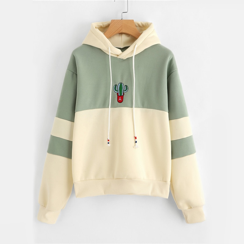 Drawstring Cool Hoodies Cactus Embroidered