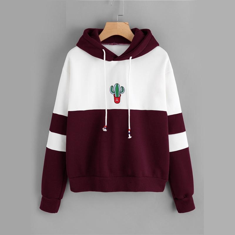 Drawstring Cool Hoodies Cactus Embroidered