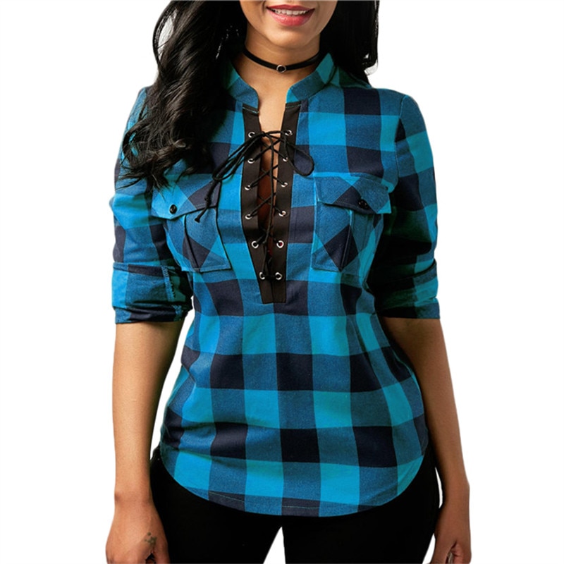 Plaid Shirts Lace-Up Blouse