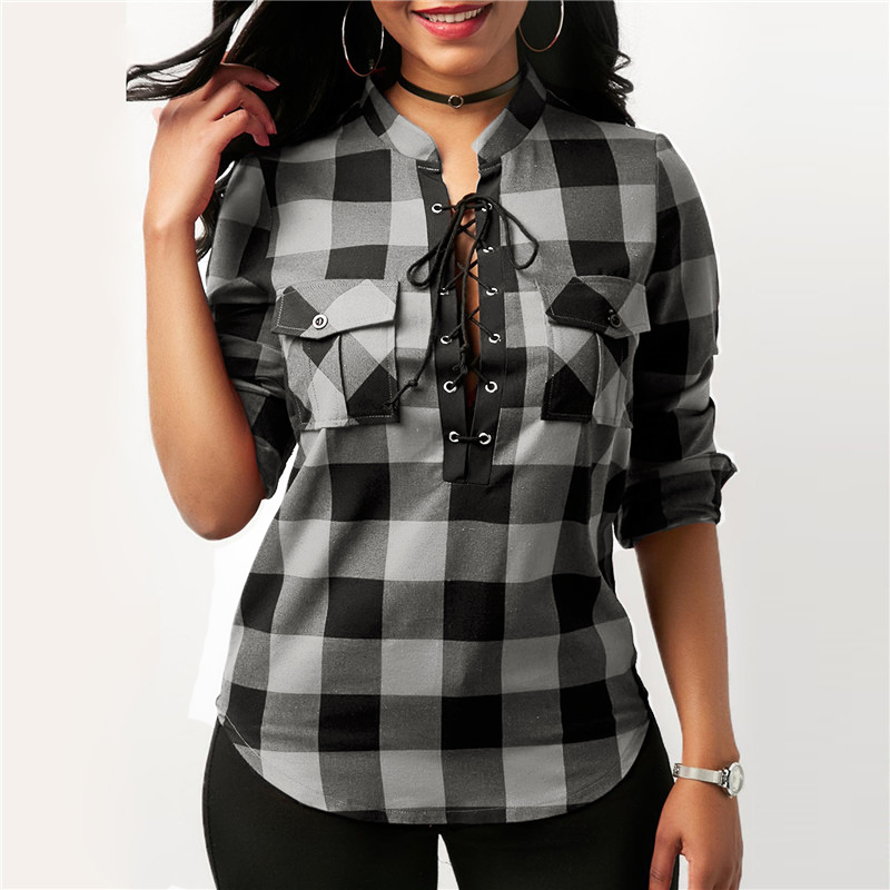 Plaid Shirts Lace-Up Blouse