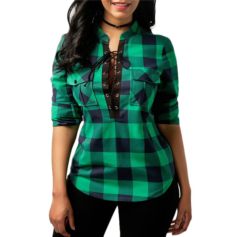 Plaid Shirts Lace-Up Blouse