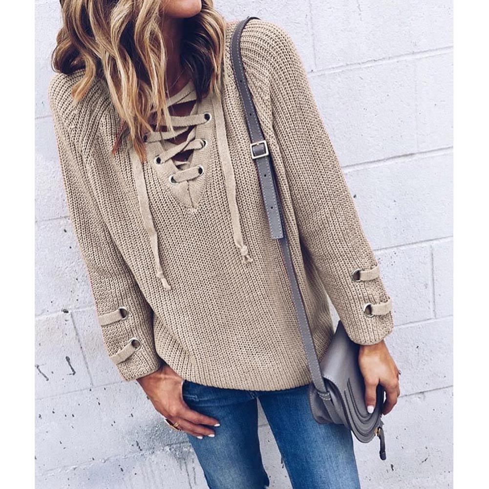 V Neck Sweater Laceup Top