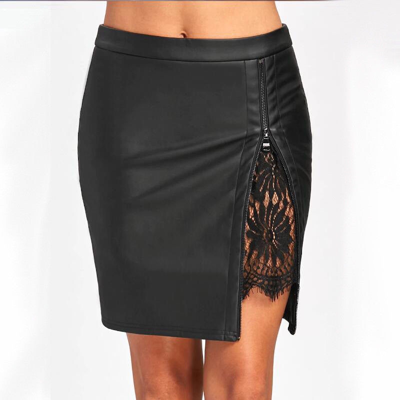 Black Leather Skirt Lace Accent