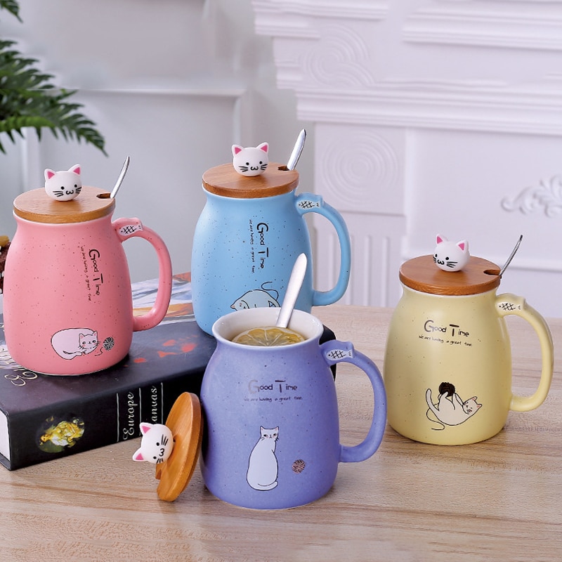 Ceramic Coffee Mug with Lid Cat Design