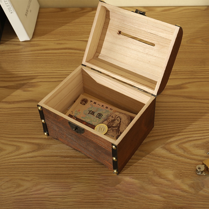 Coin Chest Wooden Vintage Money Box with Padlock