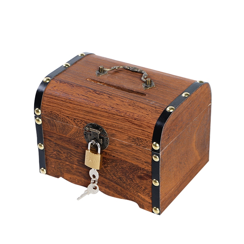 Coin Chest Wooden Vintage Money Box with Padlock