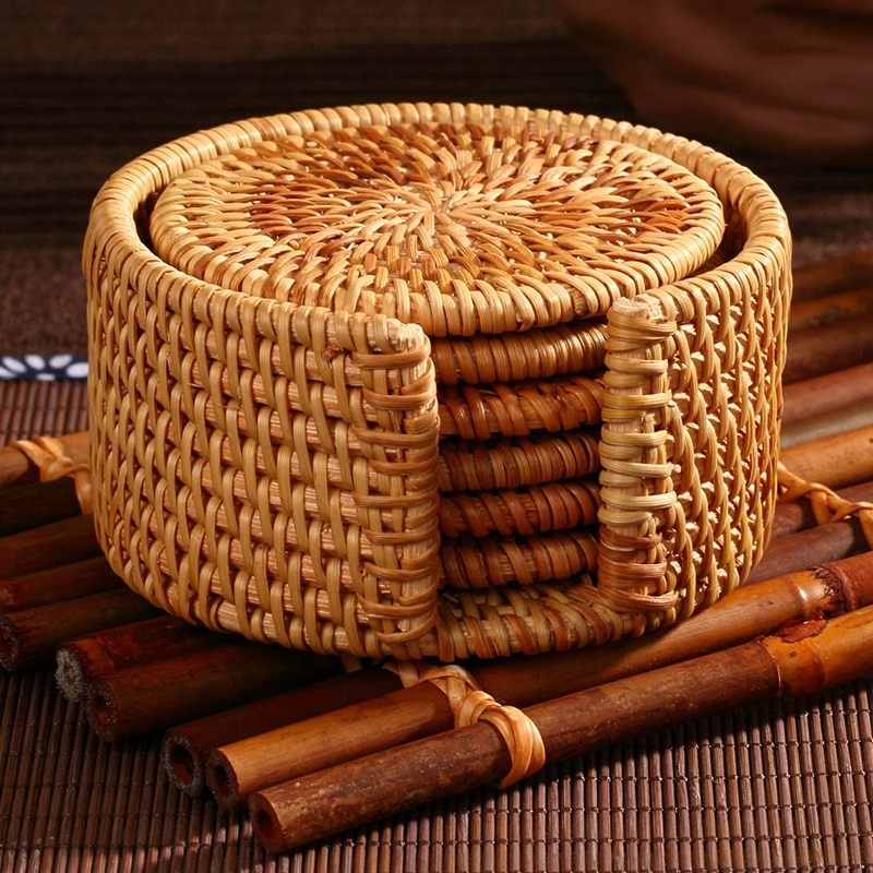 Rattan Coasters with Holder Set (6pcs)