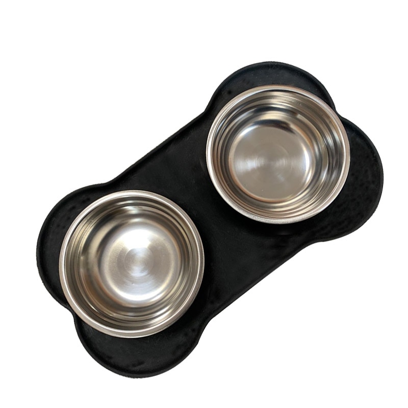 Dog Water Bowl Mat with Two Bowls