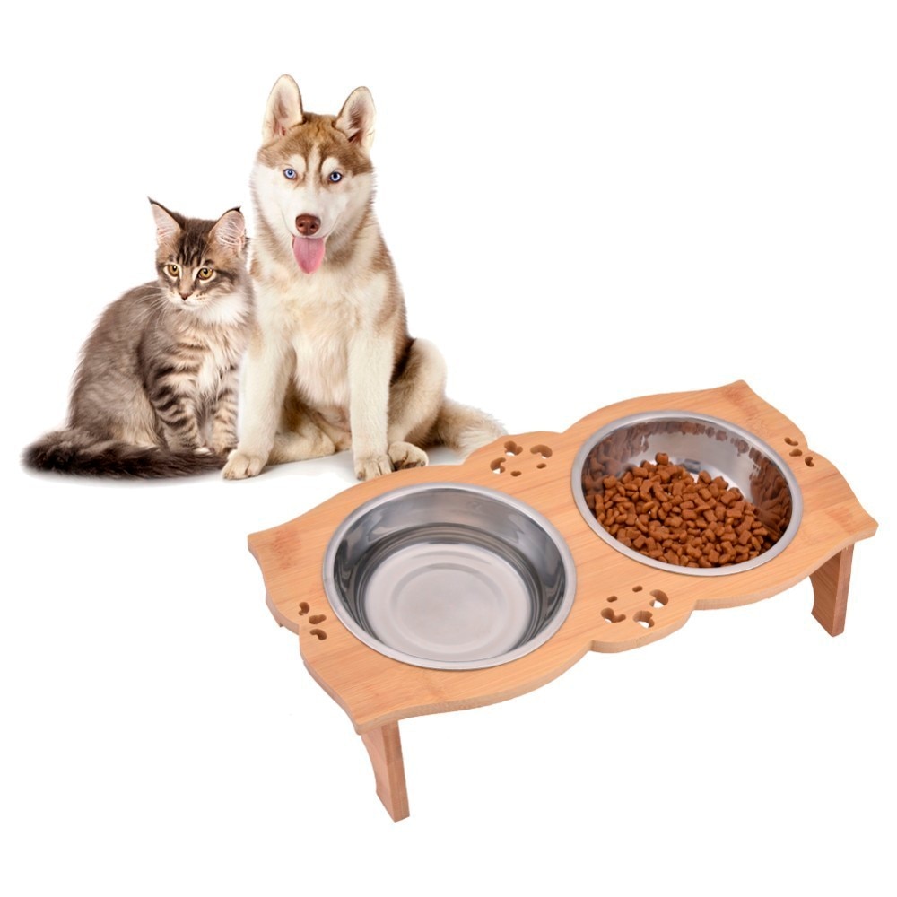 Wooden Dog Bowl Stand Dual-Slot