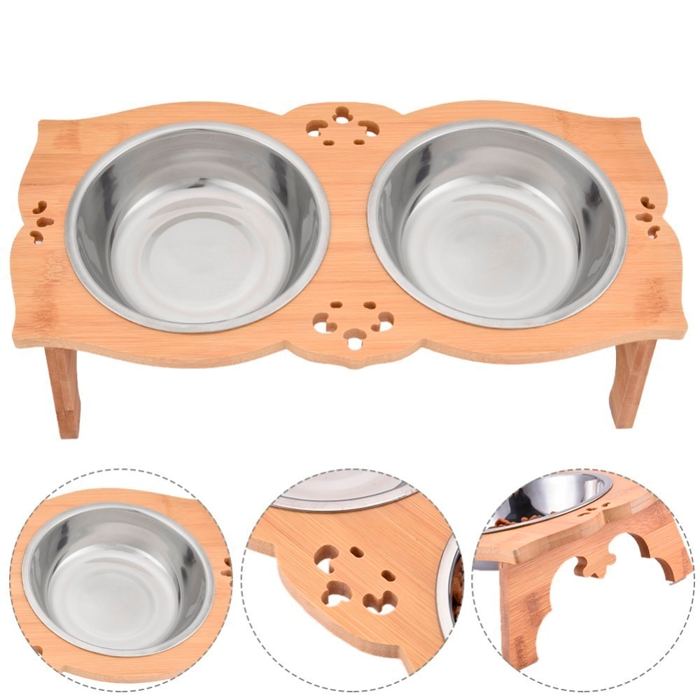 Wooden Dog Bowl Stand Dual-Slot