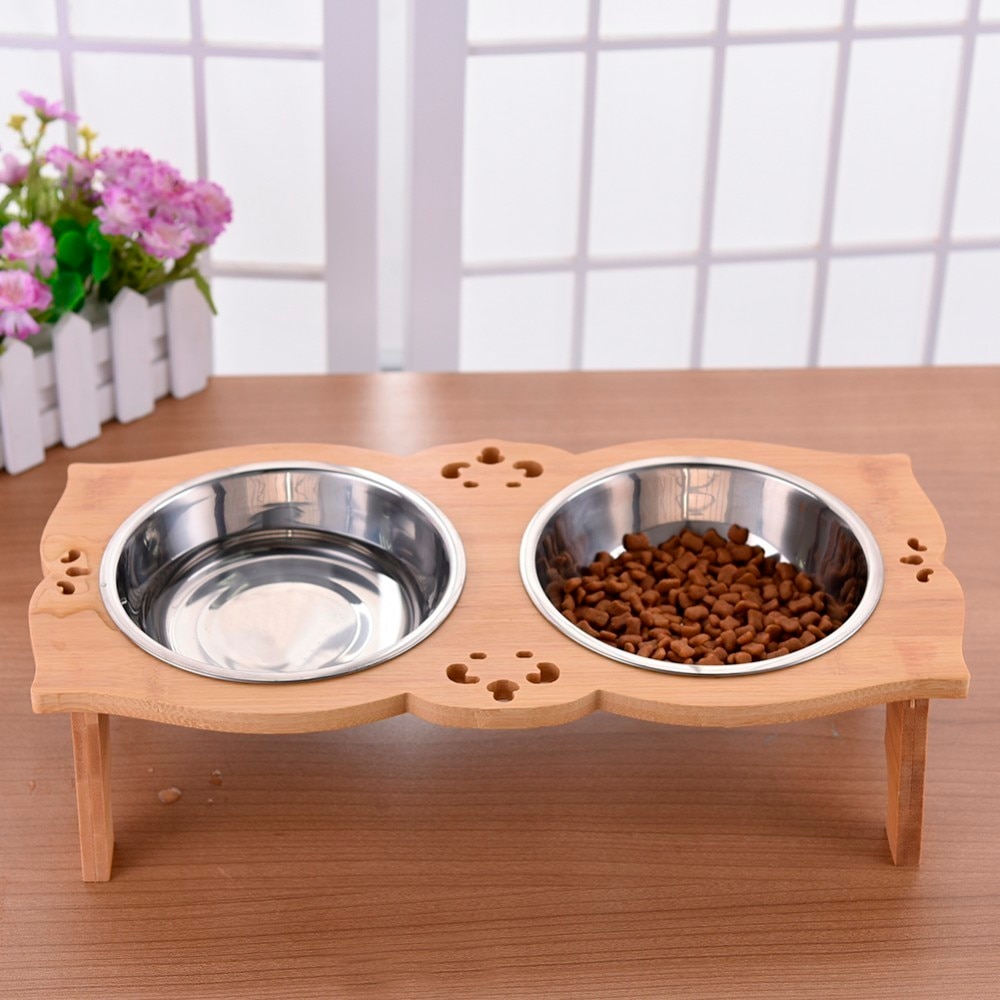 Wooden Dog Bowl Stand Dual-Slot