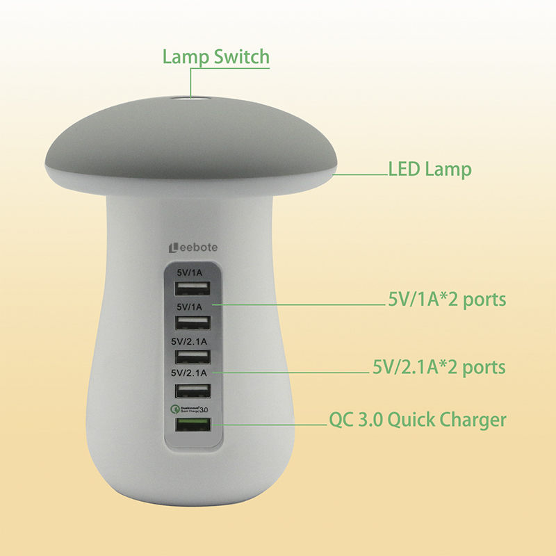 5-Port USB Charging Station Dock with Mushroom LED Night Light